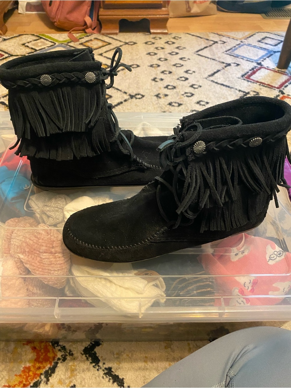 Minnetonka Black Suede Fringe Moccasin Boots